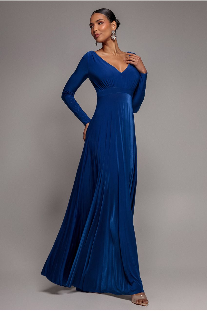 Goddiva Plunge Neck Long Sleeve A Line Maxi Dress - Royal Blue