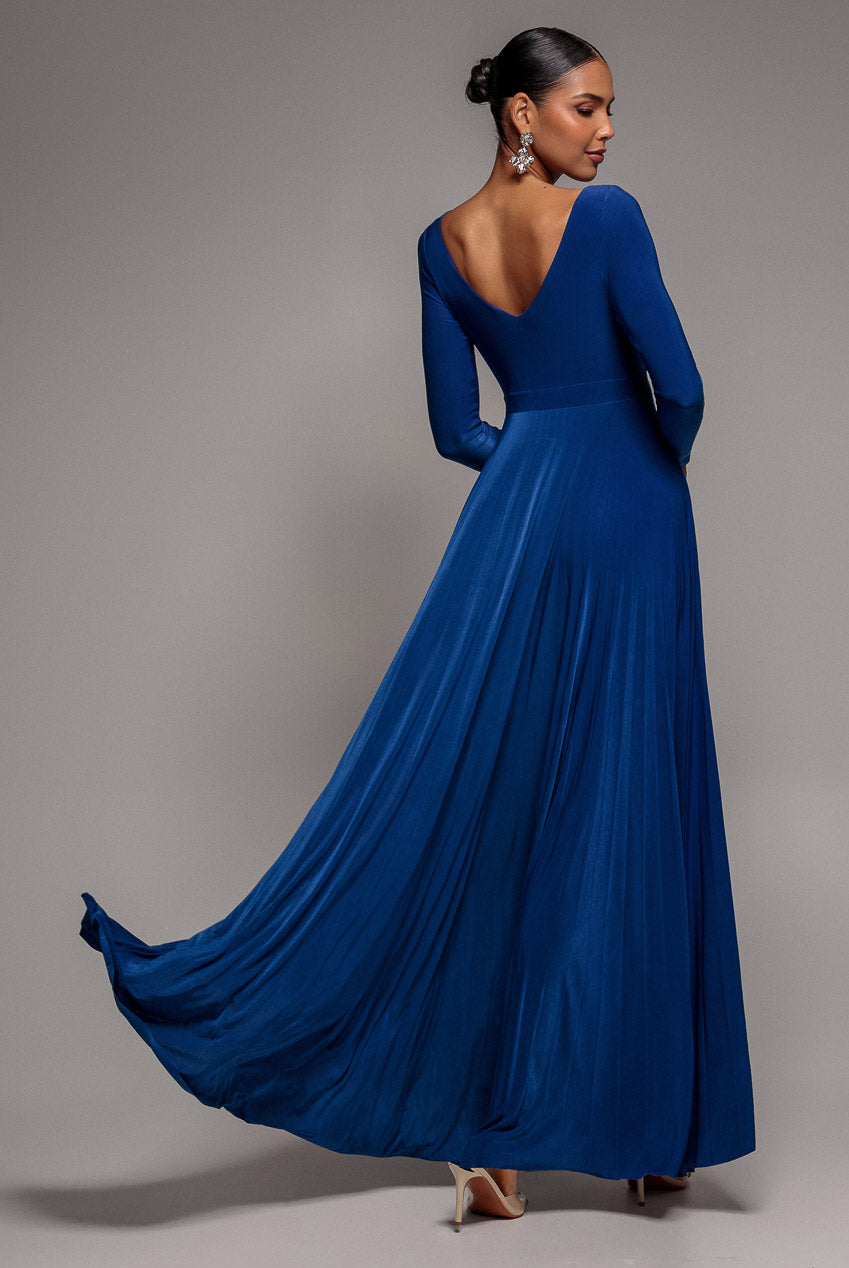 Goddiva Plunge Neck Long Sleeve A Line Maxi Dress - Royal Blue