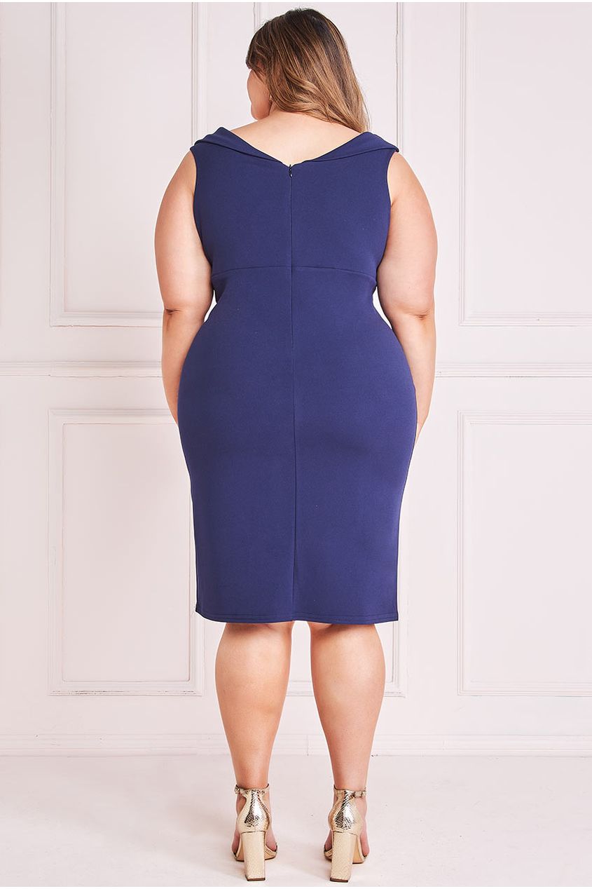 Goddiva Plus Front Twist  Bardot Midi Dress - Navy