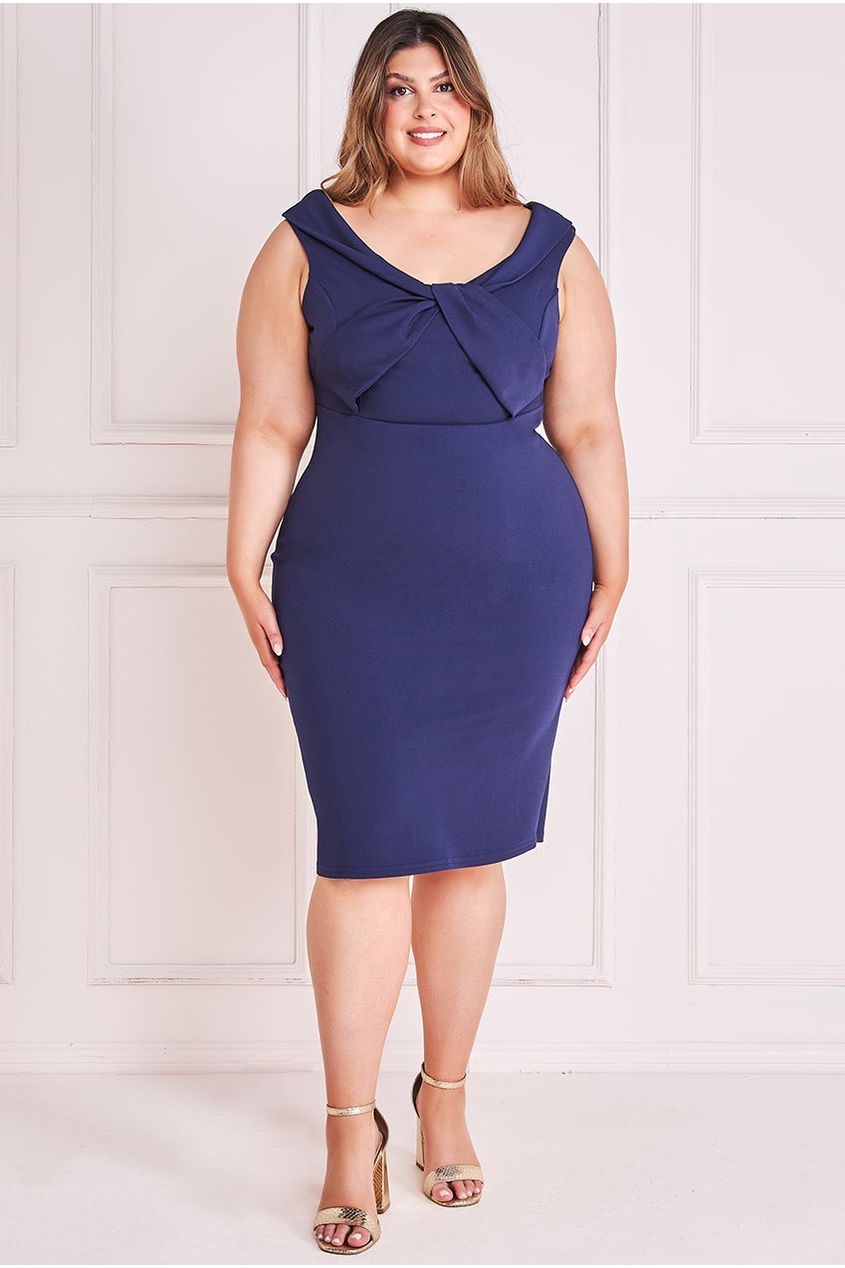 Goddiva Plus Front Twist  Bardot Midi Dress - Navy