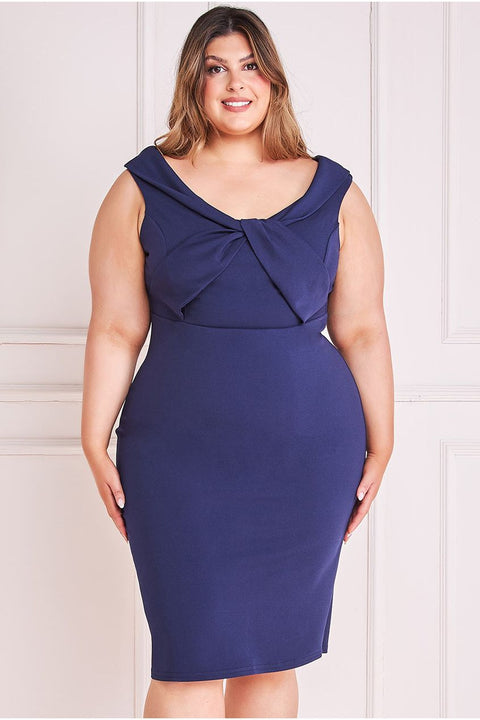 Goddiva Plus Front Twist  Bardot Midi Dress - Navy