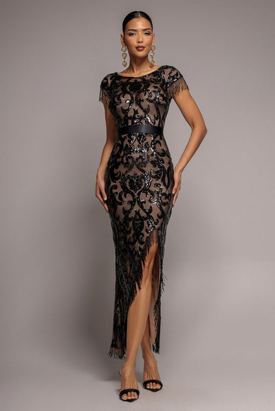 Black - Goddiva Tassel Split Maxi Dress - Black