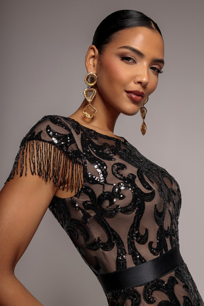 Goddiva Tassel Split Maxi Dress - Black