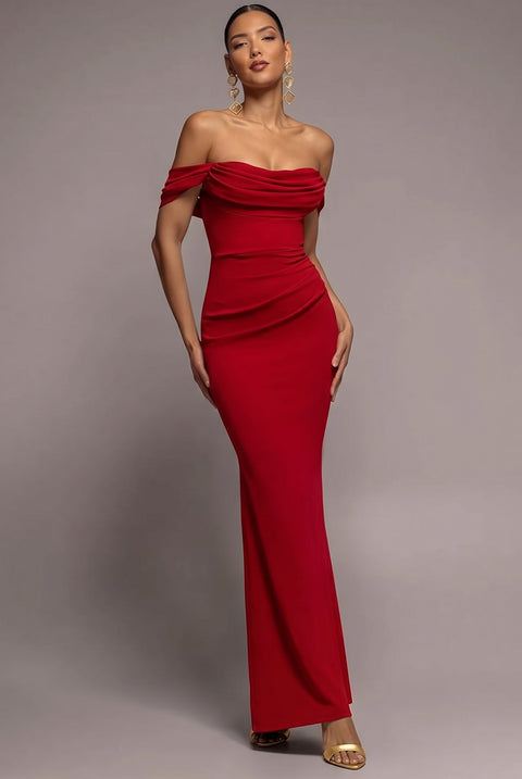 Goddiva Cowl Neck Off The Shoulder Maxi Dress - Red