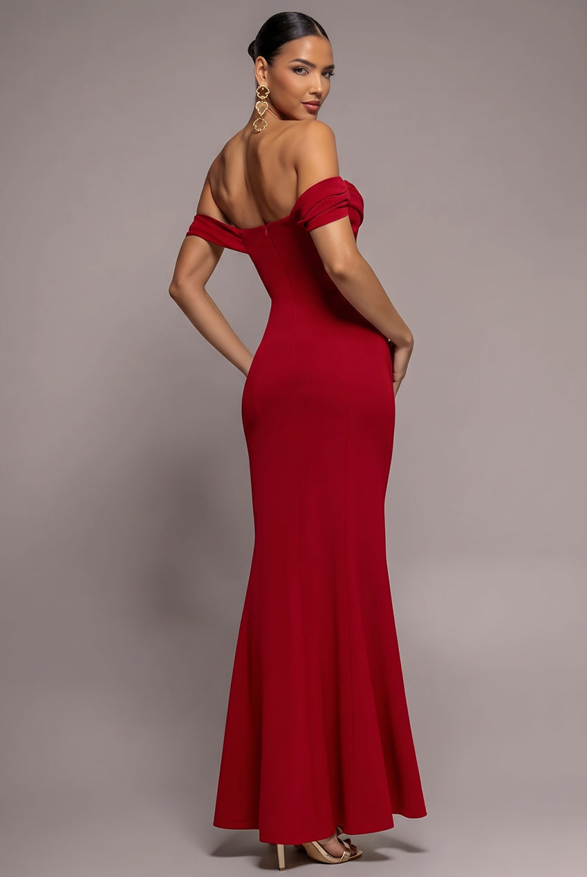 Goddiva Cowl Neck Off The Shoulder Maxi Dress - Red