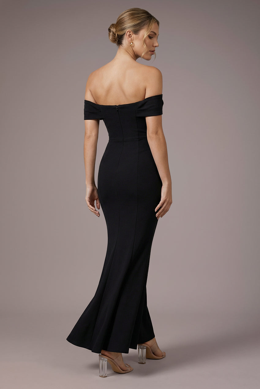 Goddiva Chiffon Off The Shoulder Cowl Neck Maxi Dress - Black