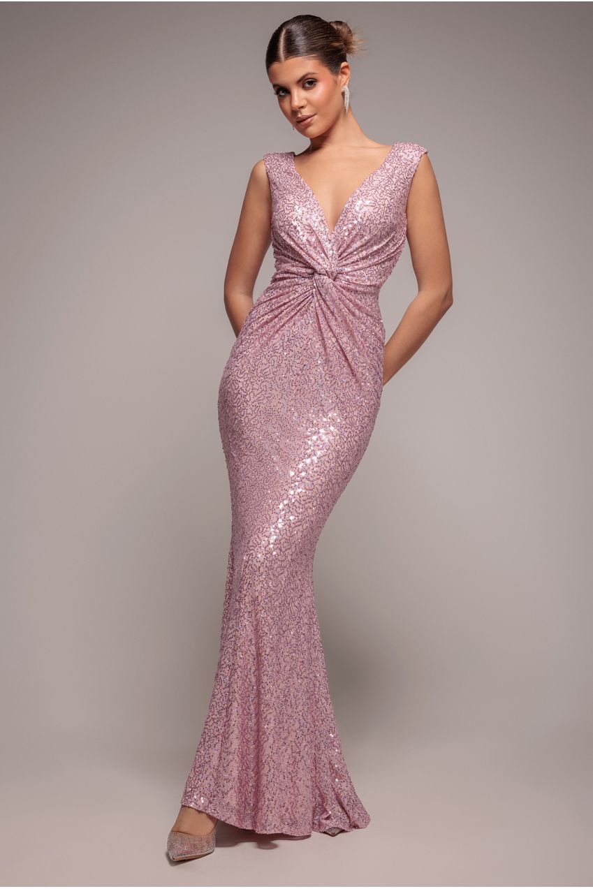 Goddiva Twisted Front Sequin Maxi Dress - Blush