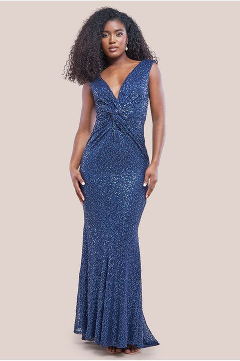 Goddiva Twisted Front Sequin Maxi Dress - Navy