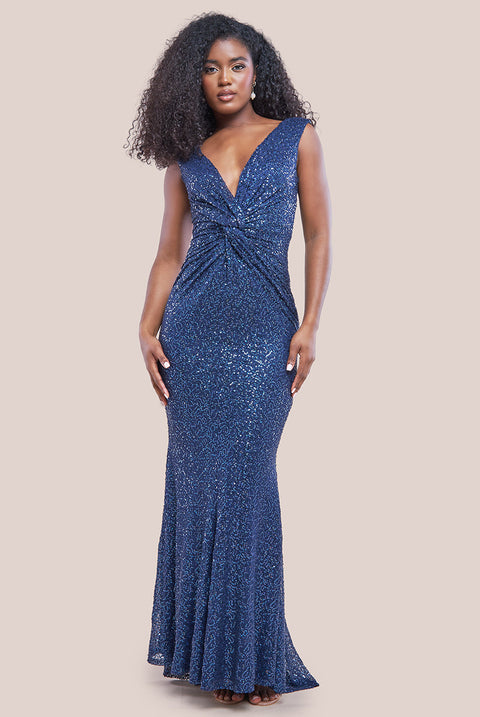 Goddiva Twisted Front Sequin Maxi Dress - Navy