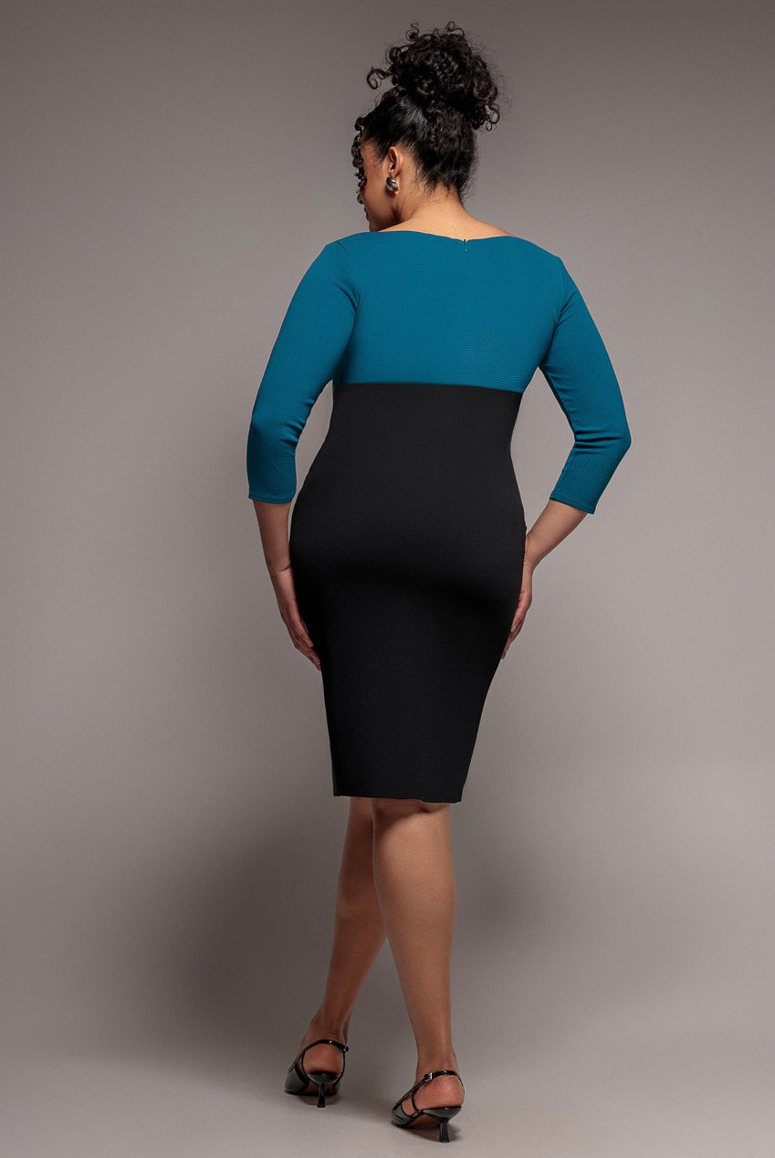 Goddiva Plus Color Block Ponti Midi Dress - Teal Blue