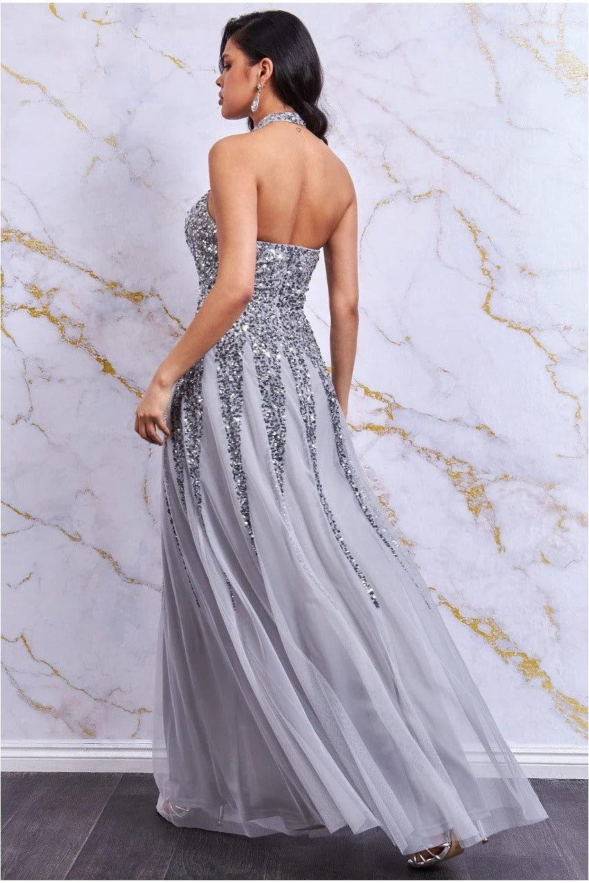 Danaya Halter Neck Sequin Open Back Occasion Dress - Silver