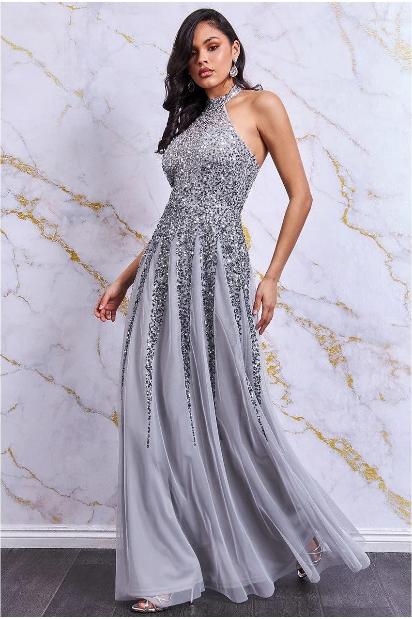 Danaya Halter Neck Sequin Open Back Occasion Dress - Silver
