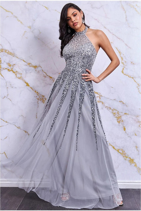 Danaya Halter Neck Sequin Open Back Occasion Dress - Silver
