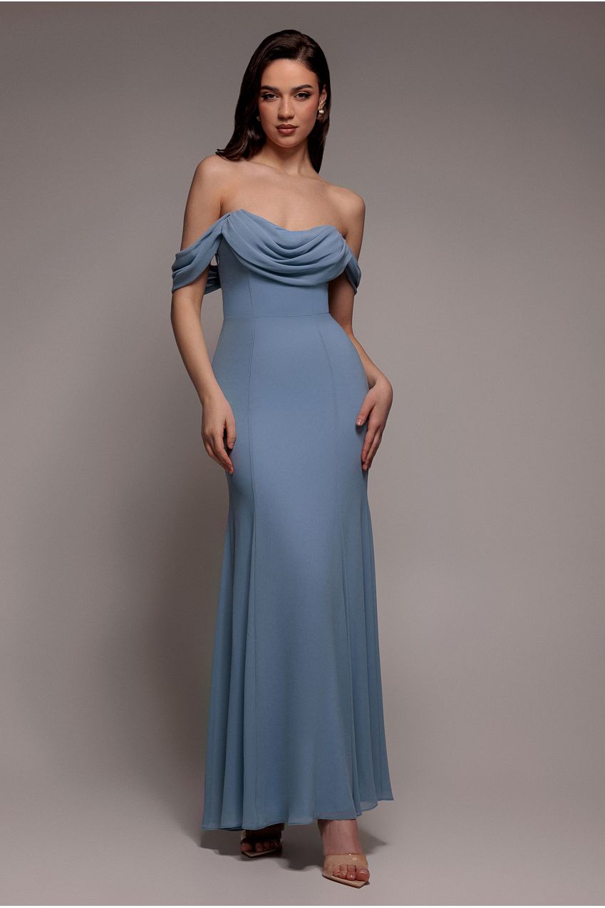 Goddiva Chiffon Bardot Cowl Neck Maxi Dress - Duskyblue