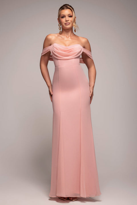 Goddiva Chiffon Bardot Cowl Neck Maxi Dress - Blush Pink