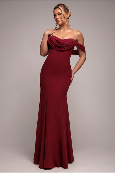 BurgundyRed - Goddiva Chiffon Bardot Cowl Neck Maxi Dress - Burgundy Red