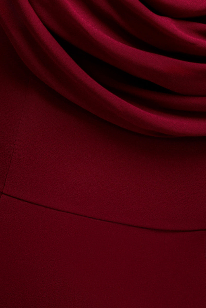 Goddiva Chiffon Bardot Cowl Neck Maxi Dress - Burgundy Red