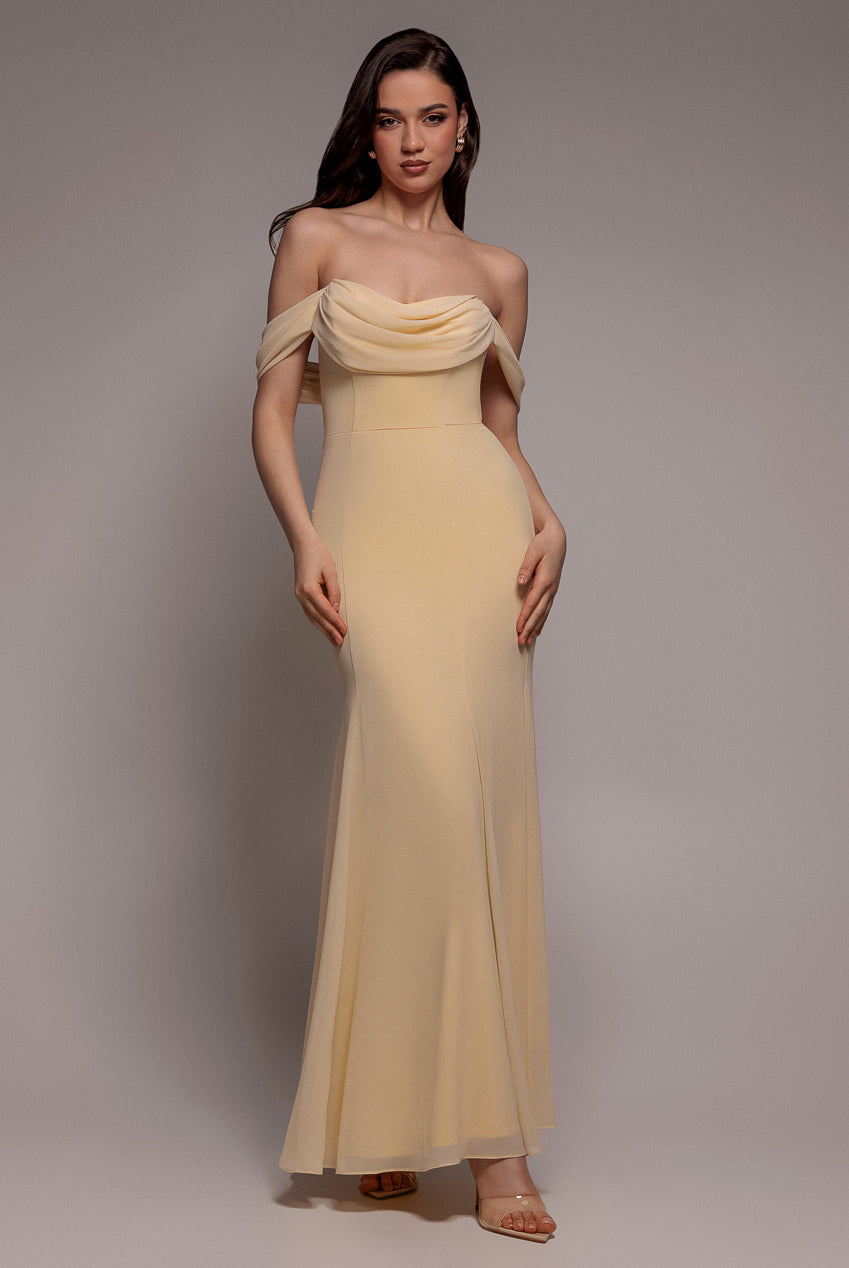 Goddiva Chiffon Bardot Cowl Neck Maxi Dress