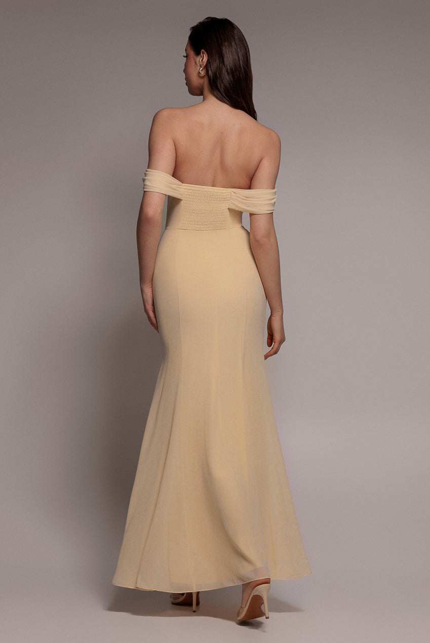 Goddiva Chiffon Bardot Cowl Neck Maxi Dress - Butter Yellow