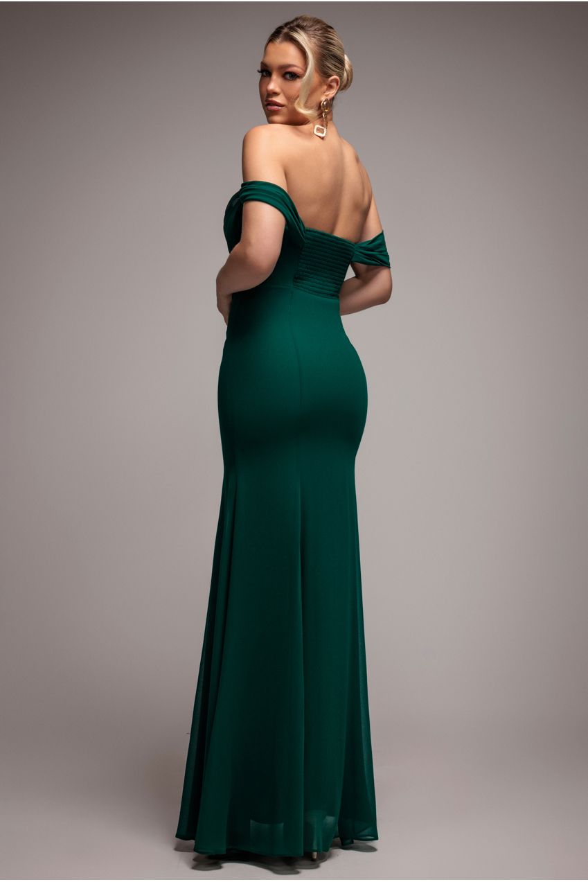 Goddiva Chiffon Bardot Cowl Neck Maxi Dress - Emerald Green
