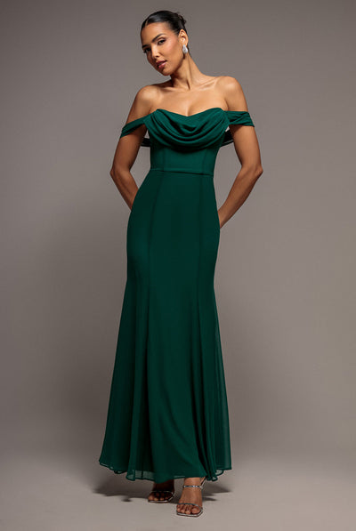 Goddiva Chiffon Bardot Cowl Neck Maxi Dress - Green