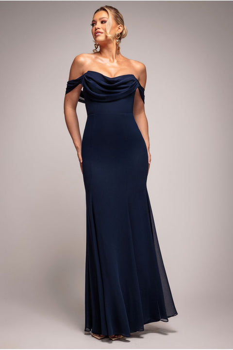 Goddiva Chiffon Bardot Cowl Neck Maxi Dress - Navy