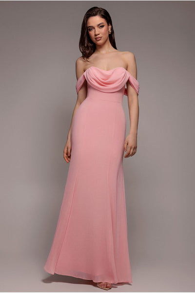 Blush - Goddiva Chiffon Bardot Cowl Neck Maxi Dress - Blush
