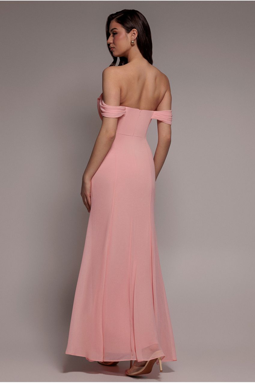 Goddiva Chiffon Bardot Cowl Neck Maxi Dress - Blush