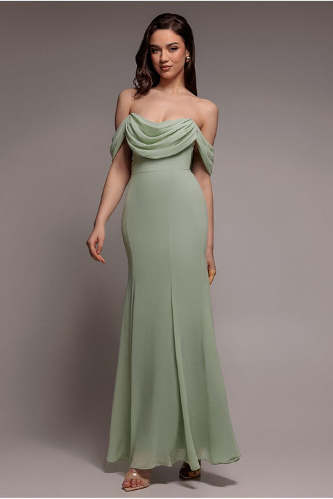 Goddiva Chiffon Bardot Cowl Neck Maxi Dress - Sage Green