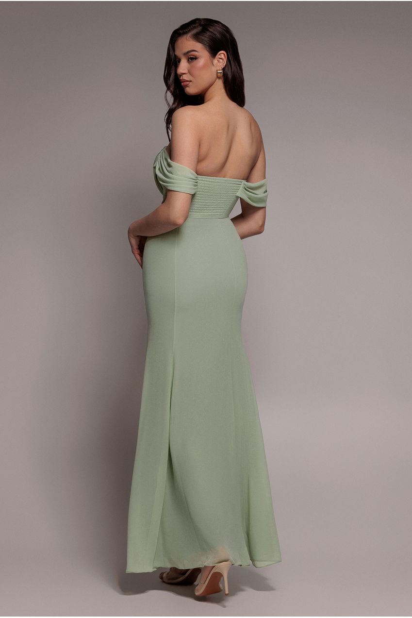 Goddiva Chiffon Bardot Cowl Neck Maxi Dress - Sage Green