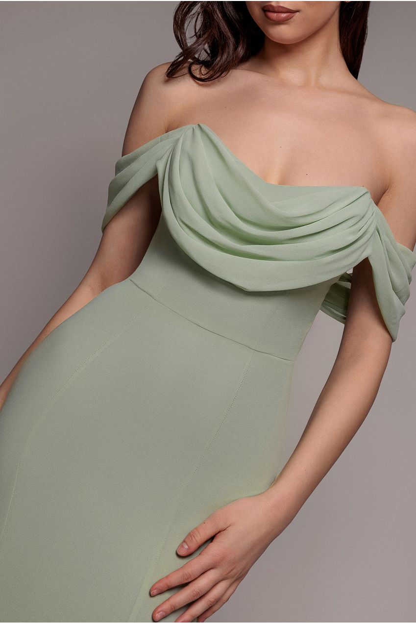 Goddiva Chiffon Bardot Cowl Neck Maxi Dress - Sage Green