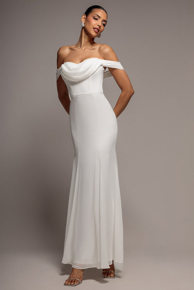 Goddiva Chiffon Bardot Cowl Neck Maxi Dress - White