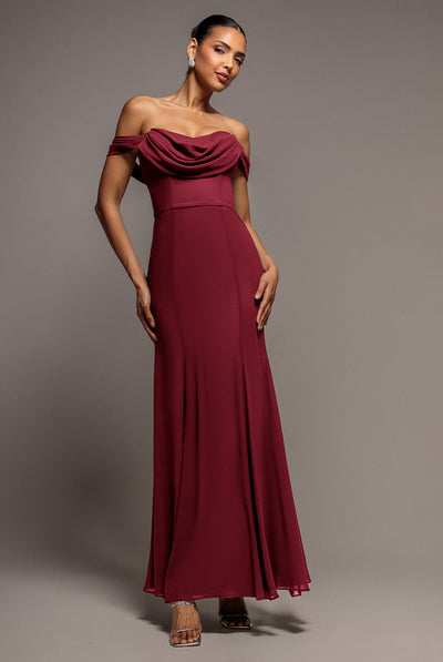 Goddiva Chiffon Bardot Cowl Neck Maxi Dress - Wine