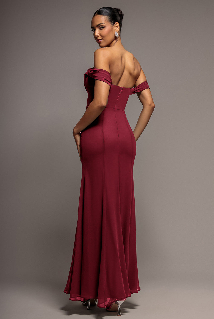 Goddiva Chiffon Bardot Cowl Neck Maxi Dress - Wine