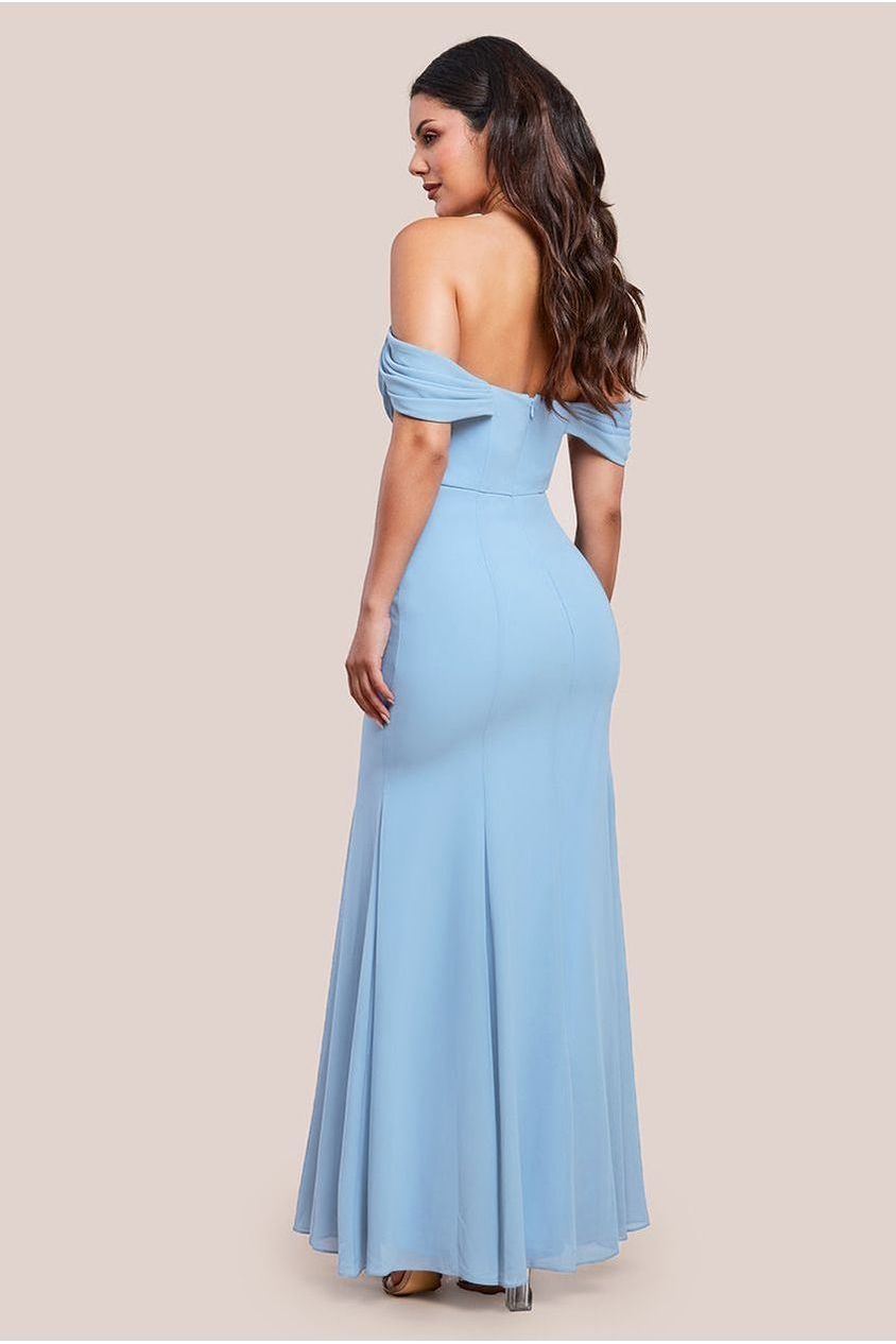 Goddiva Chiffon Bardot Cowl Neck Maxi Dress - Duskyblue