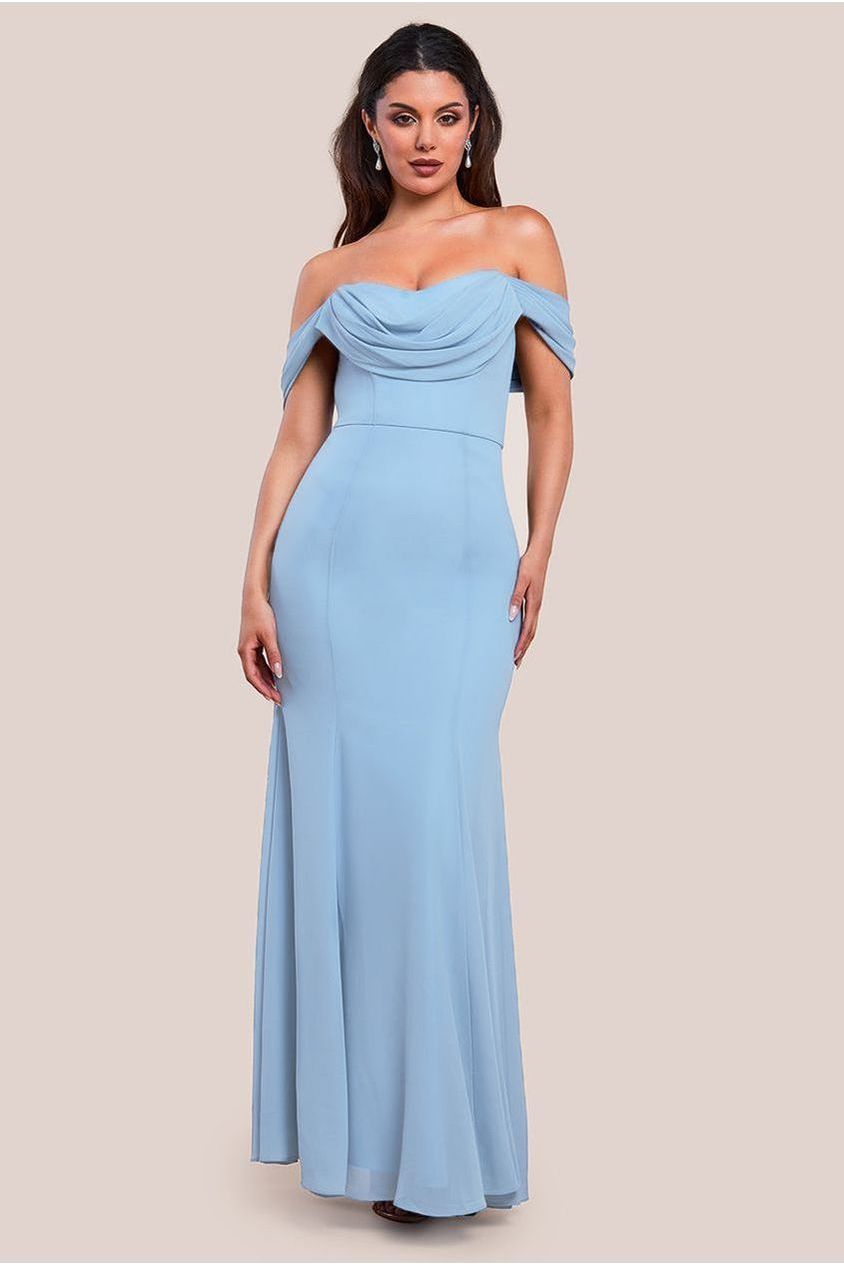 Goddiva Chiffon Bardot Cowl Neck Maxi Dress - Duskyblue