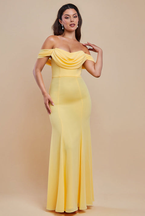 Goddiva Chiffon Bardot Cowl Neck Maxi Dress - Lemon