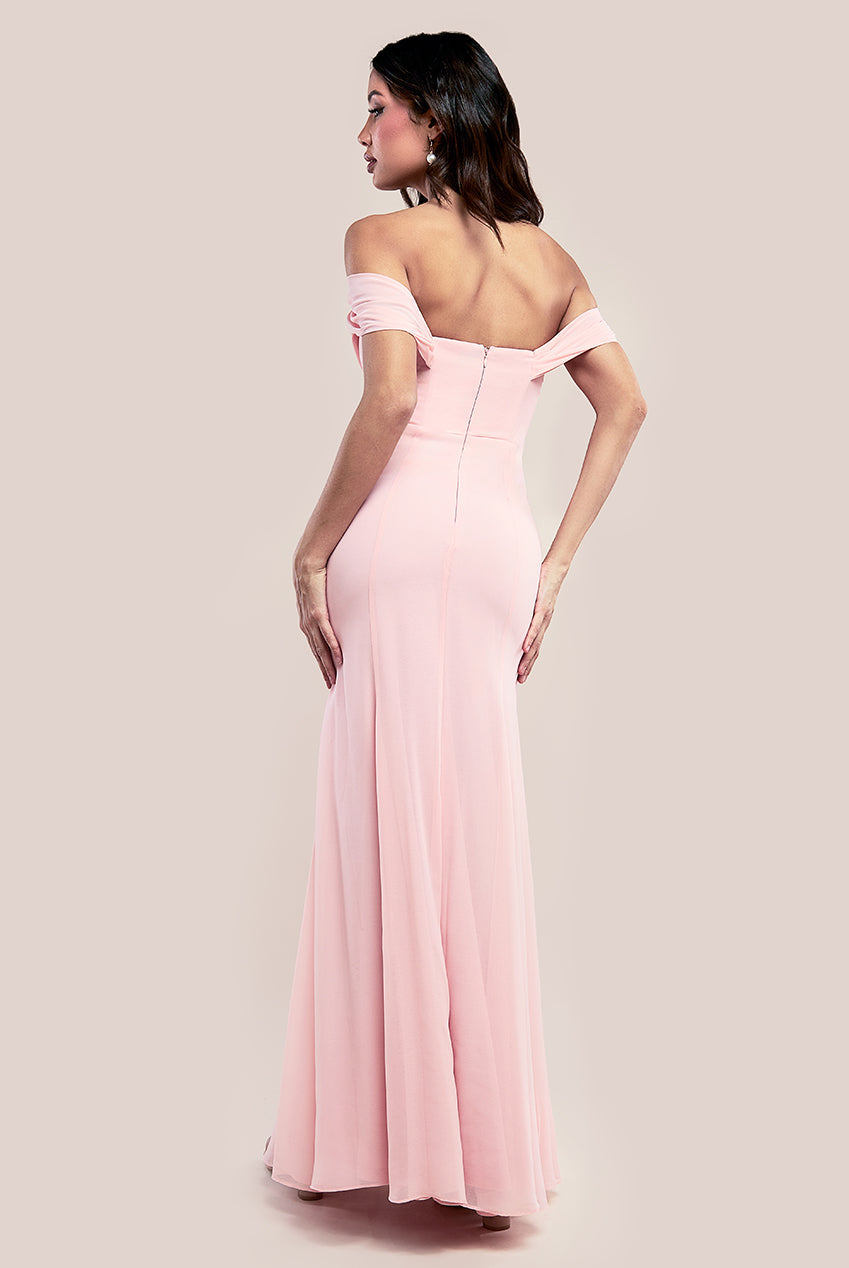 Goddiva Chiffon Bardot Cowl Neck Maxi Dress - Blush