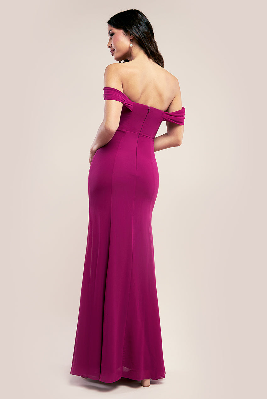 Goddiva Chiffon Bardot Cowl Neck Maxi Dress - Magenta