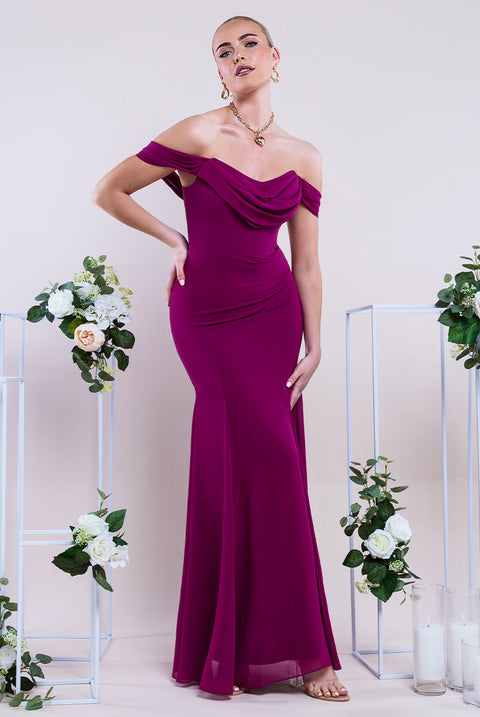 Goddiva Chiffon Bardot Cowl Neck Maxi Dress - Magenta