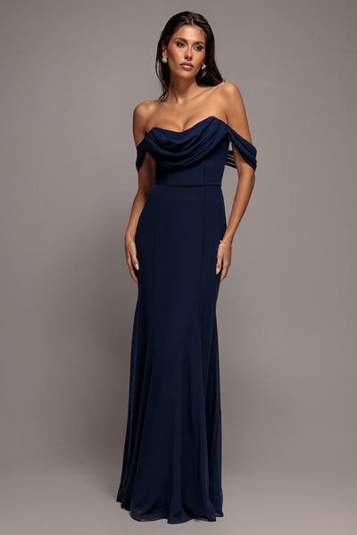 Goddiva Chiffon Bardot Cowl Neck Maxi Dress - Navy