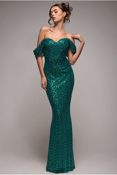 Emerald - Goddiva Off The Shoulder Sequin Wing Maxi - Emerald Green