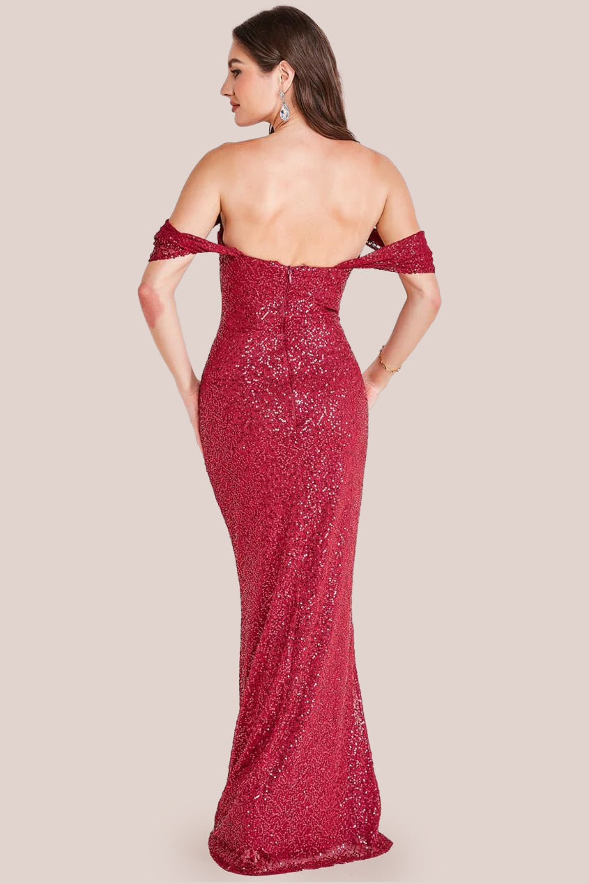 Goddiva Off The Shoulder Sequin Wing Maxi - Burgundy