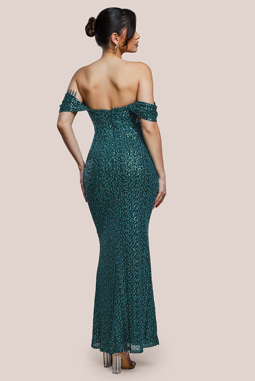 Goddiva Off The Shoulder Sequin Wing Maxi - Emerald Green