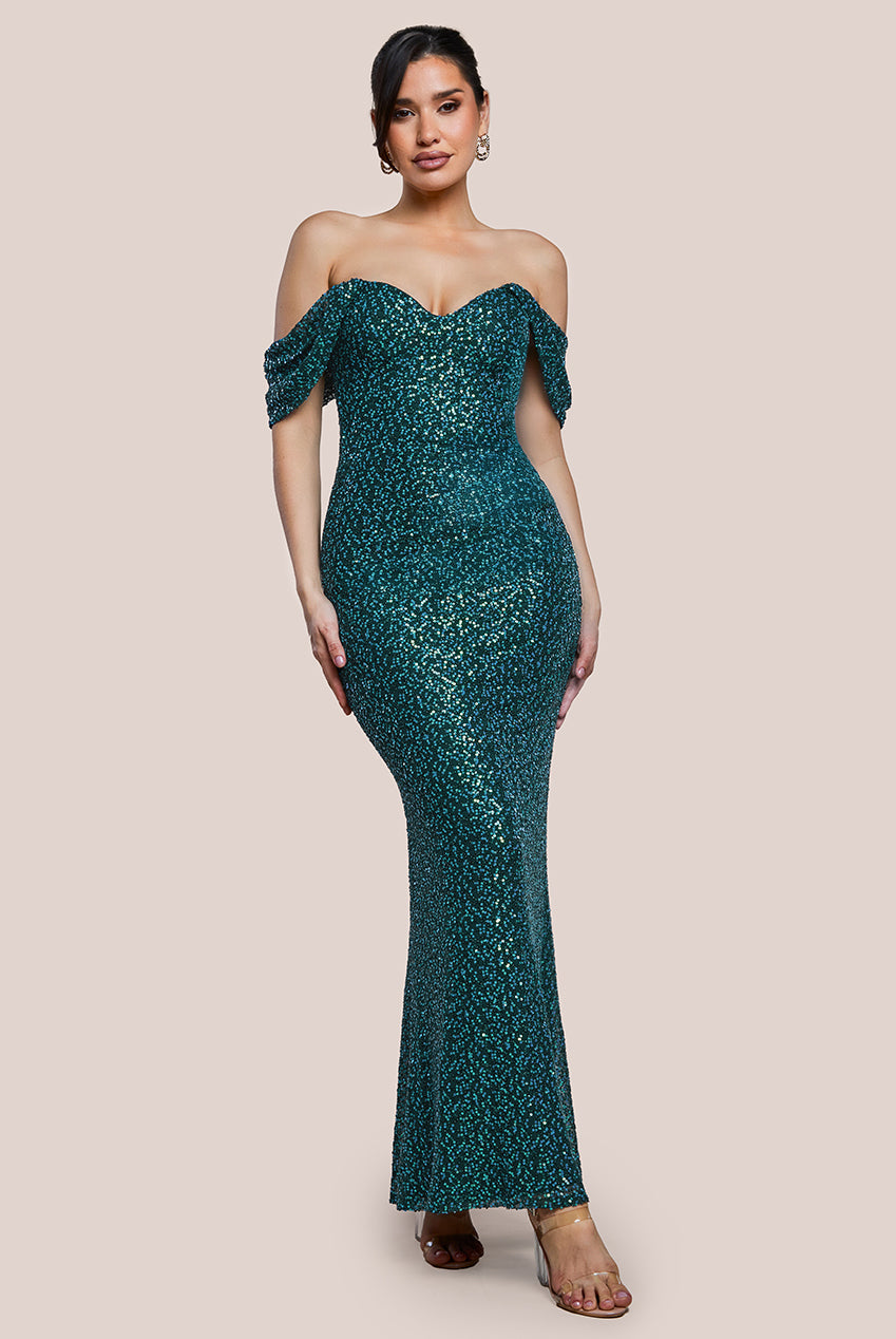 Goddiva Off The Shoulder Sequin Wing Maxi - Emerald Green