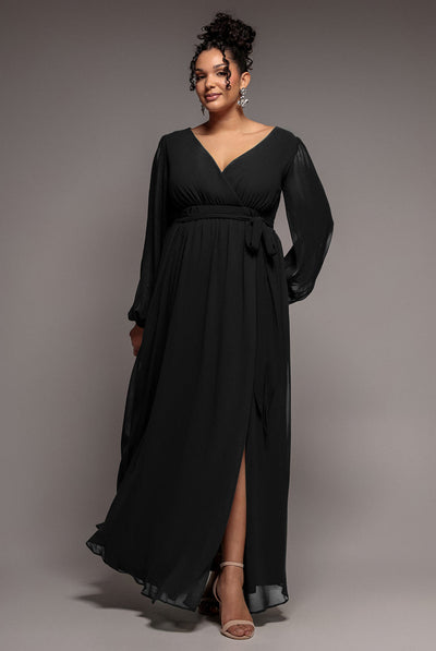 Black - Goddiva Plus Wrap Back With Front Slit Chiffon Maxi Dress - Black