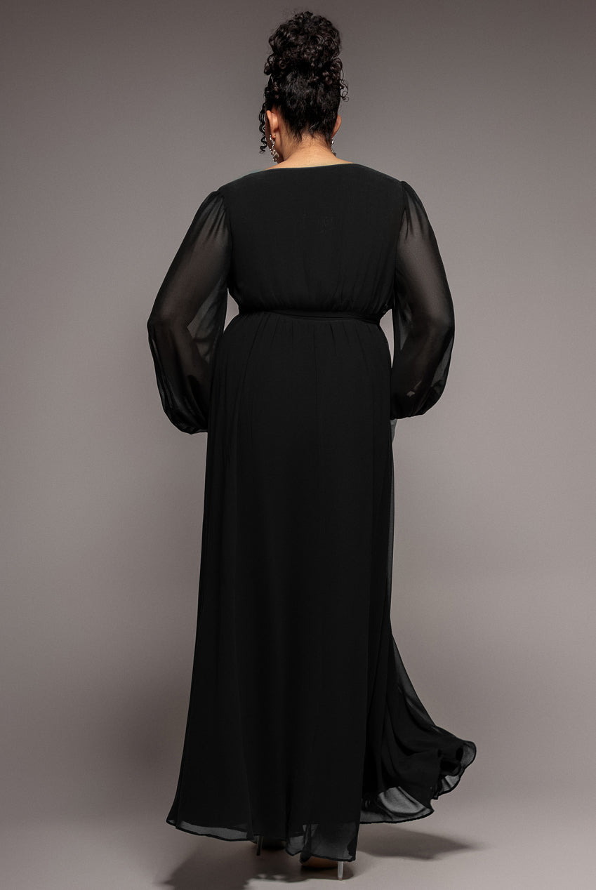 Goddiva Plus Wrap Back With Front Slit Chiffon Maxi Dress - Black
