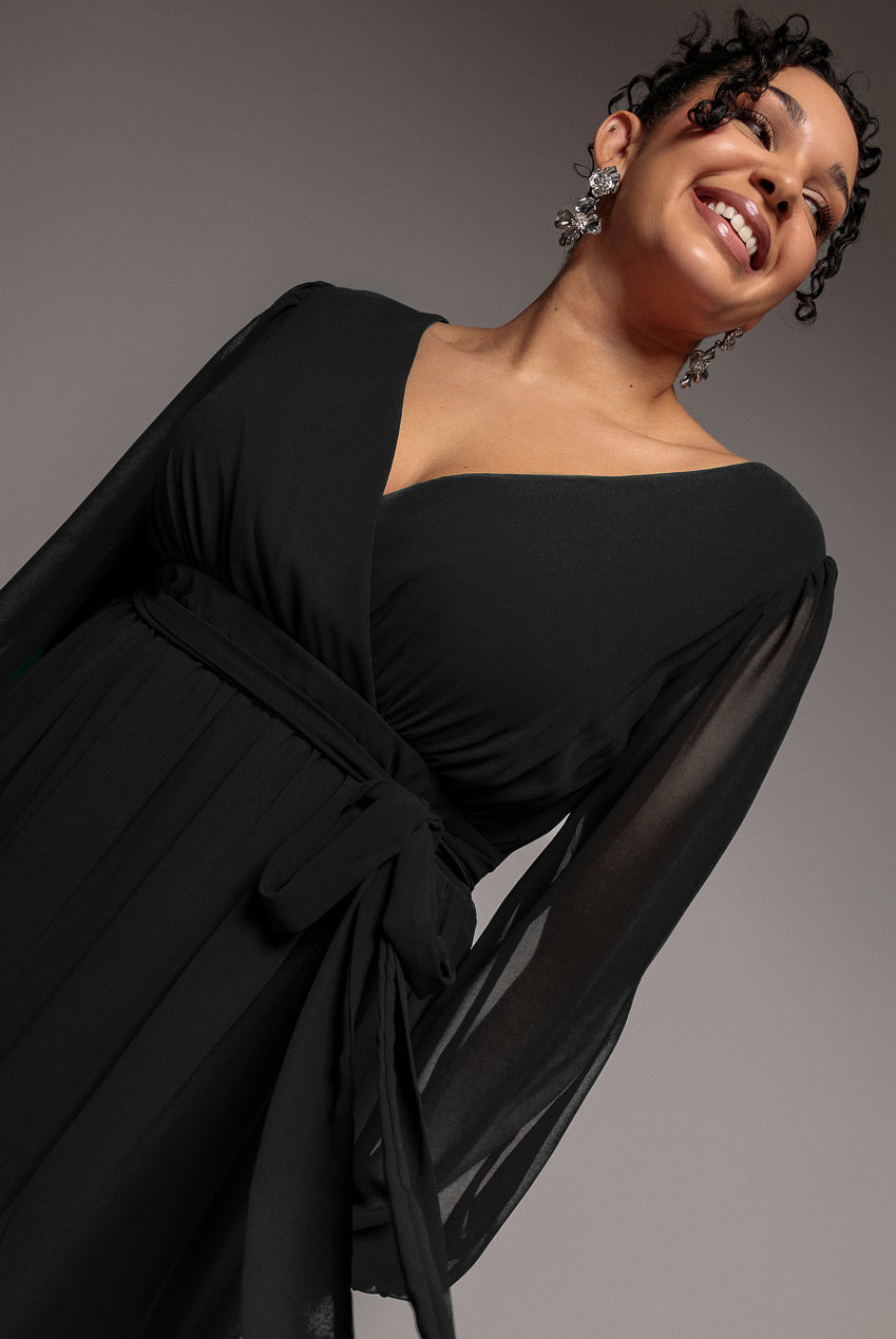 Goddiva Plus Wrap Back With Front Slit Chiffon Maxi Dress - Black