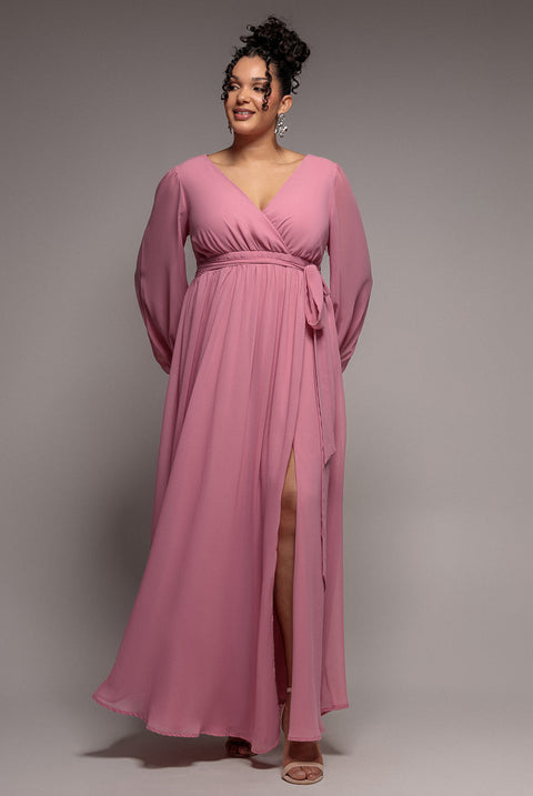 Goddiva Plus Wrap Back With Front Slit Chiffon Maxi Dress - Dusty Pink