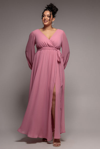 DustyPink - Goddiva Plus Wrap Back With Front Slit Chiffon Maxi Dress - Dusty Pink